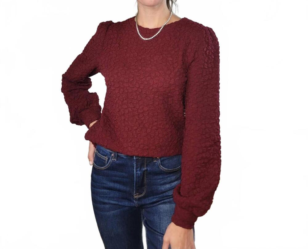 NEW DOE AND RAE amayah popcorn textured long sleeve blouse in burgundy